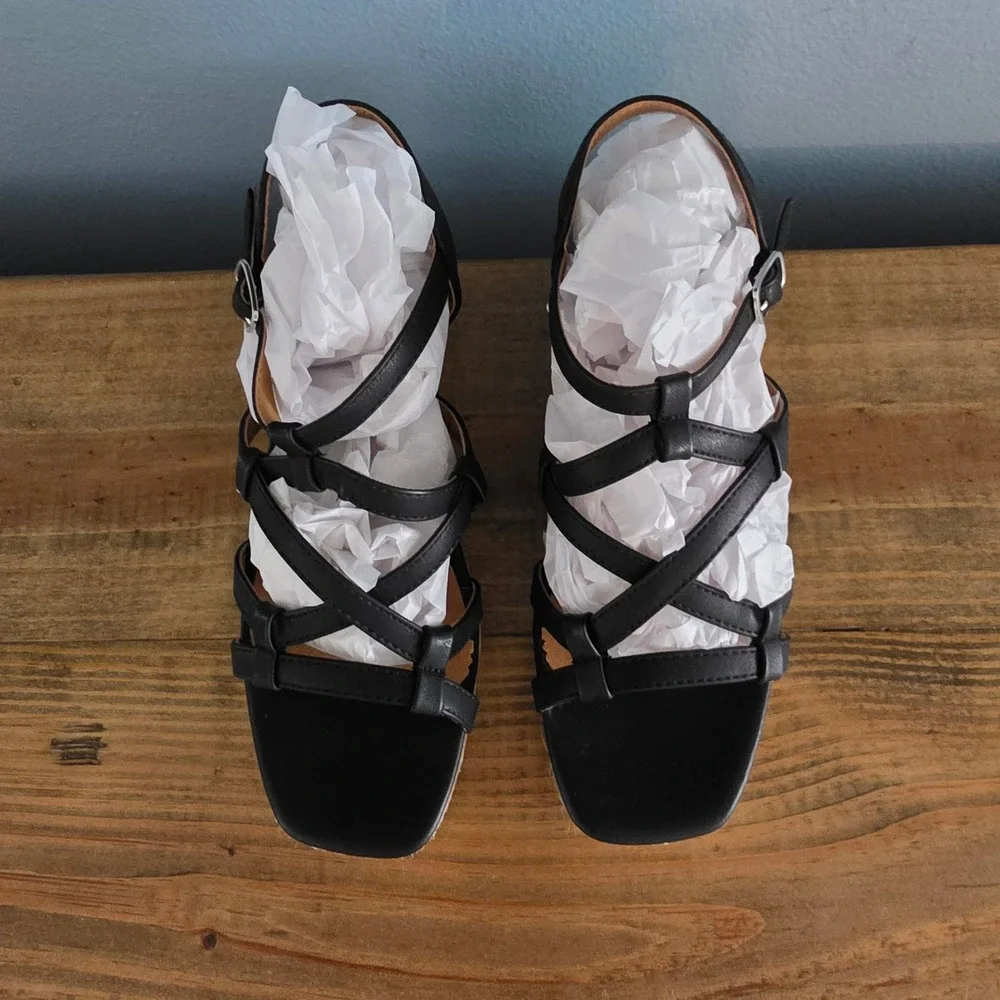 White‎ Mountain Womens Swayze Espadrille Wedge Sandal Black Strappy Buckle 6.5
